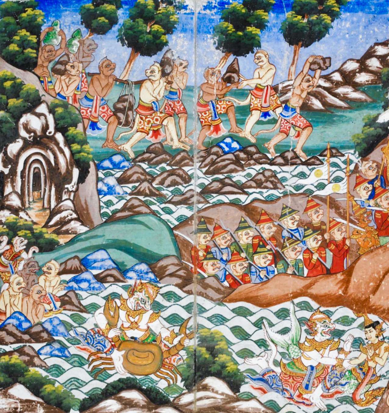 19. századi Ramayana kézirat, Rama Thagyin, mianmari változat, a majomsereg kőhidat épít, hogy átkeljen a tengeren Lanka felé