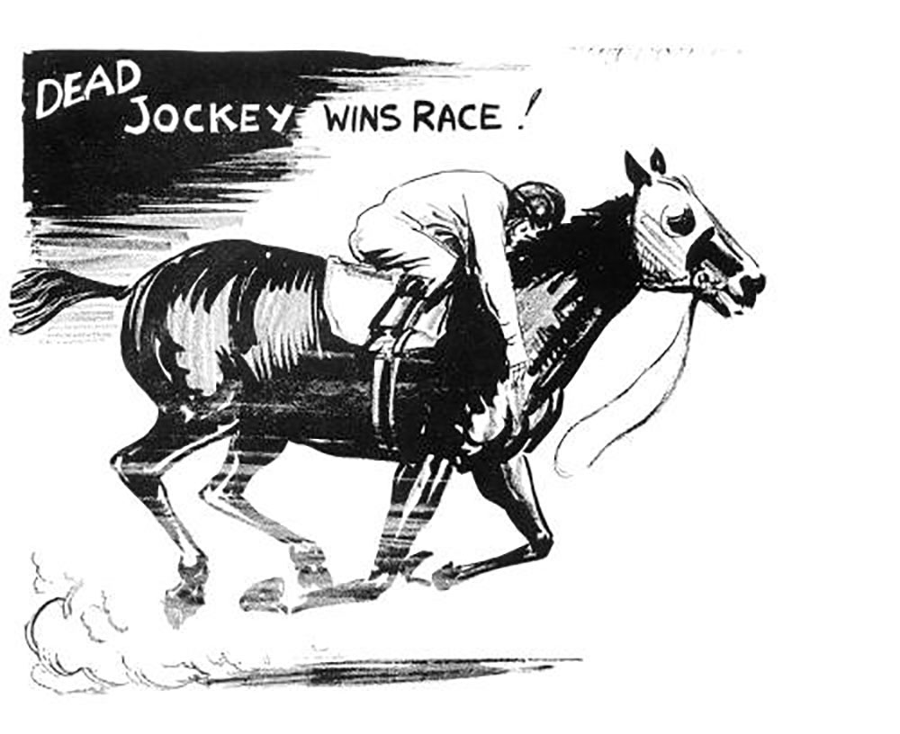On June 4, 1923, jockey Frank Hayes won Belmont Park's steeplechase on the horse, Sweet Kiss, after suffering a fatal heart attack during the race.