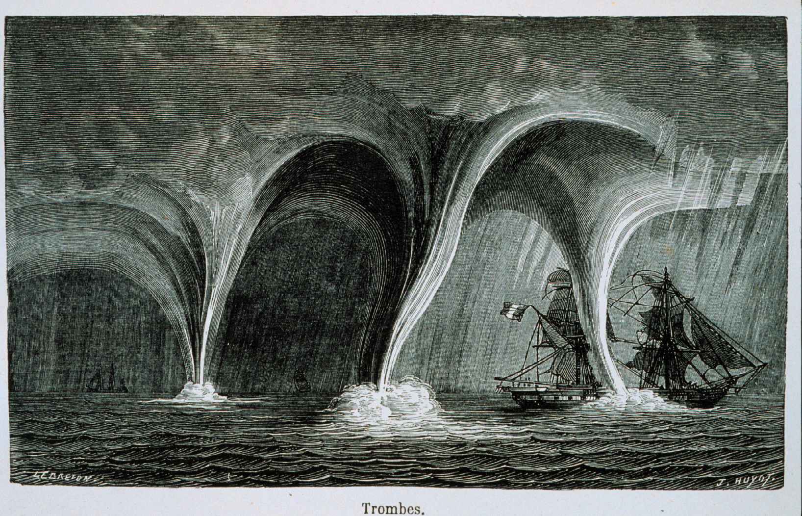"Trombes" A sailing vessel in peril from multiple waterspouts In: "Les Meteores", Margolle et Zurcher, 3rd Edition, 1869 Page 126. Wikimedia Commons the Grand Harbour of Malta Tornado